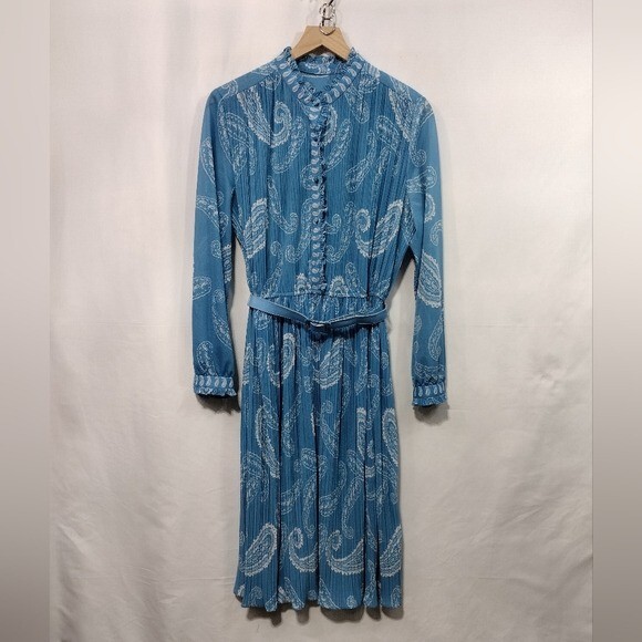 Vintage Hal Ferman Paisley Pleated Dress Women’s 18 Blue Retro 90s Y2K Fairy
