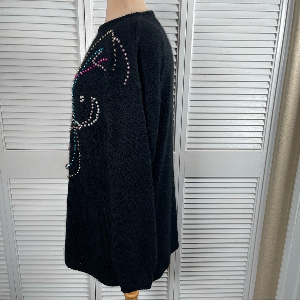 Vintage 80s Amanda Beaded Reindeer Sweater L Silk Angora Black Holiday