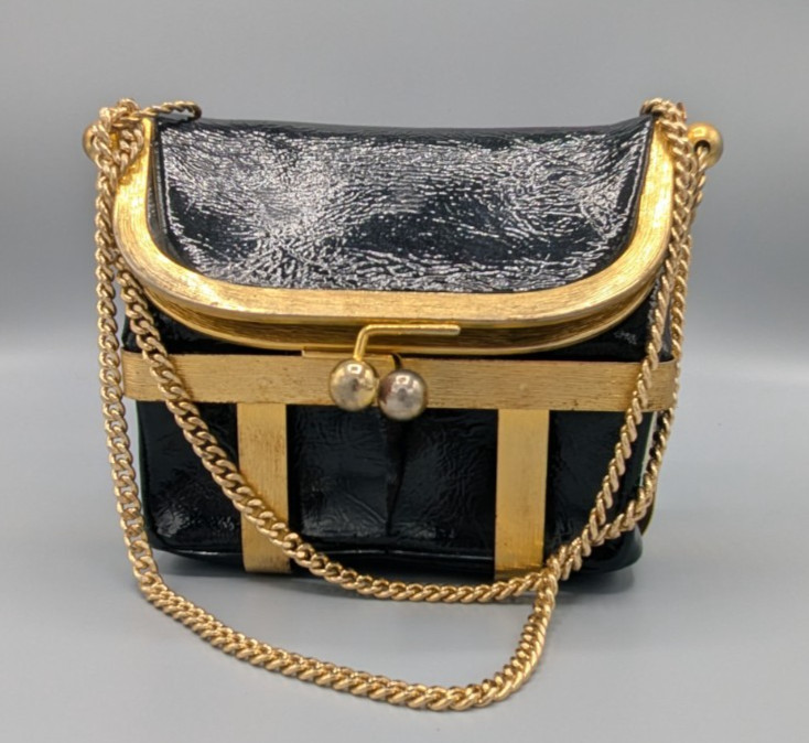 Vintage Rosenfeld Black Vinyl Purse with Gold Toned Cage Shell – Made in France
