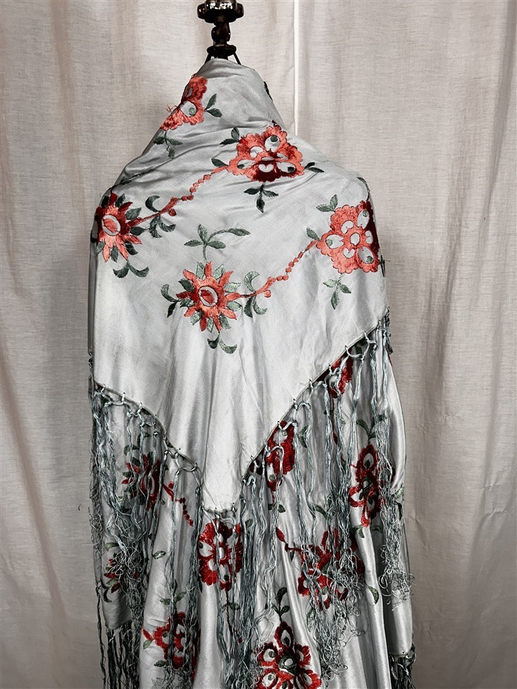 antique shawl throw silk blue embroidered 50×50 in. fringe 16 in original 1890