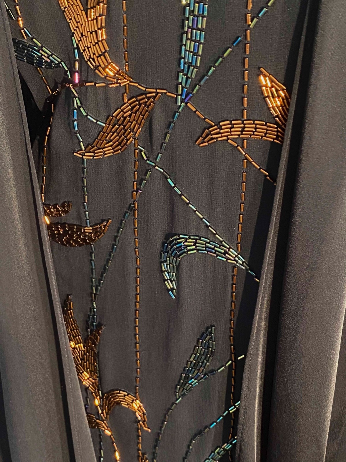 Black Art Deco Dress Beaded Drop Waist Draped Gatsby Flapper L VTG 80s Casadei