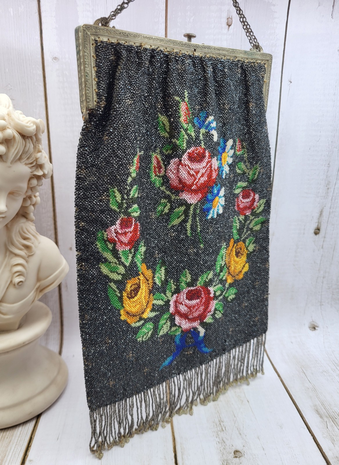 Large 13″ Antique Art Nouveau Floral Beaded Purse Handbag