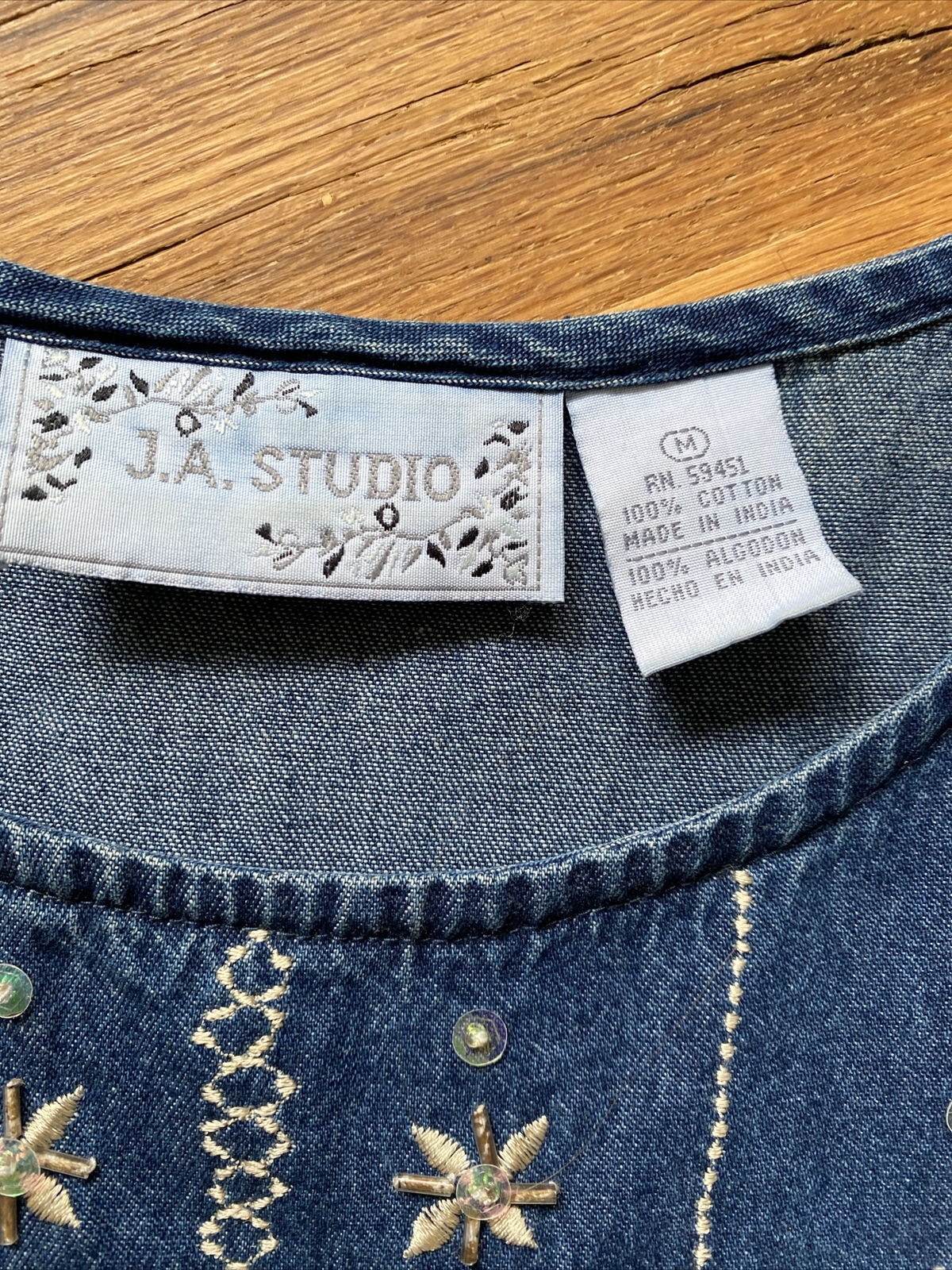 VTG JA Studio Long Blue Denim Dress Embroidered Sz M Homeschool Trad Mom/Wife