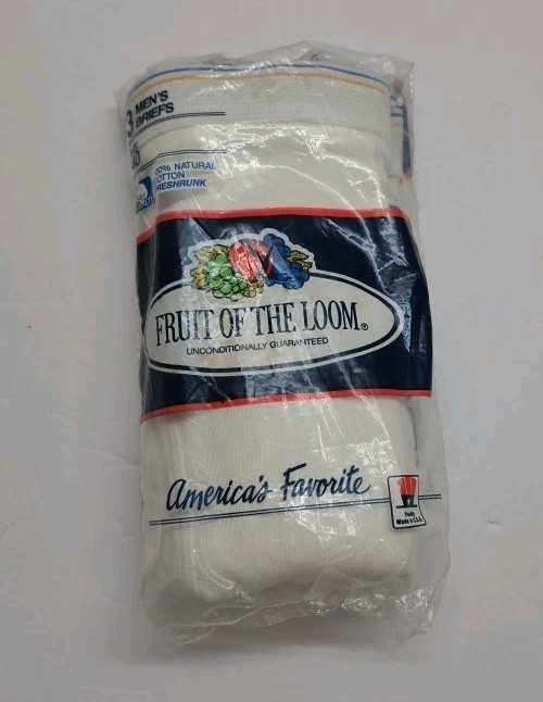 3-Pk Vintage 1989 Fruit Of The Loom Men’s 100% Cotton Briefs, Size 40 Sealed