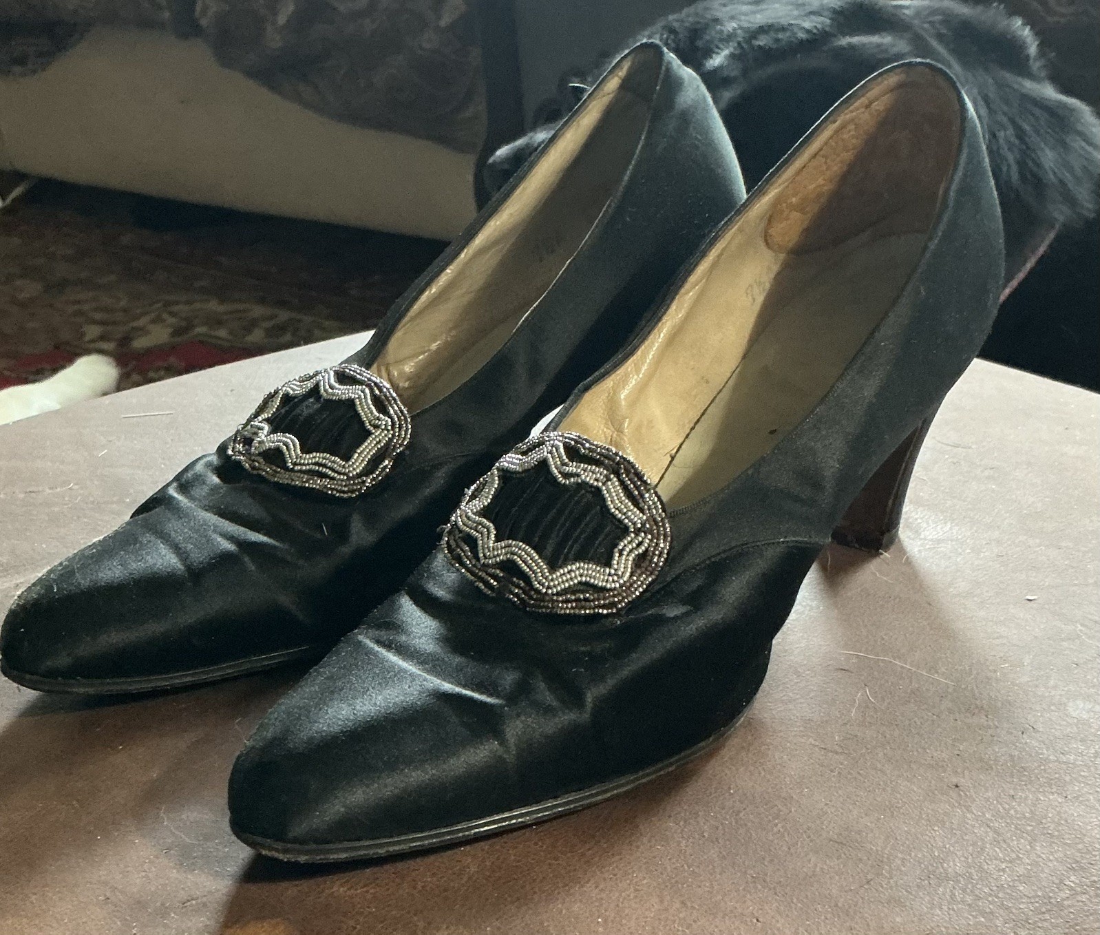 1920’s Black Satin Pilgrim Princess Heeled Shoes – size 7 1/2 A