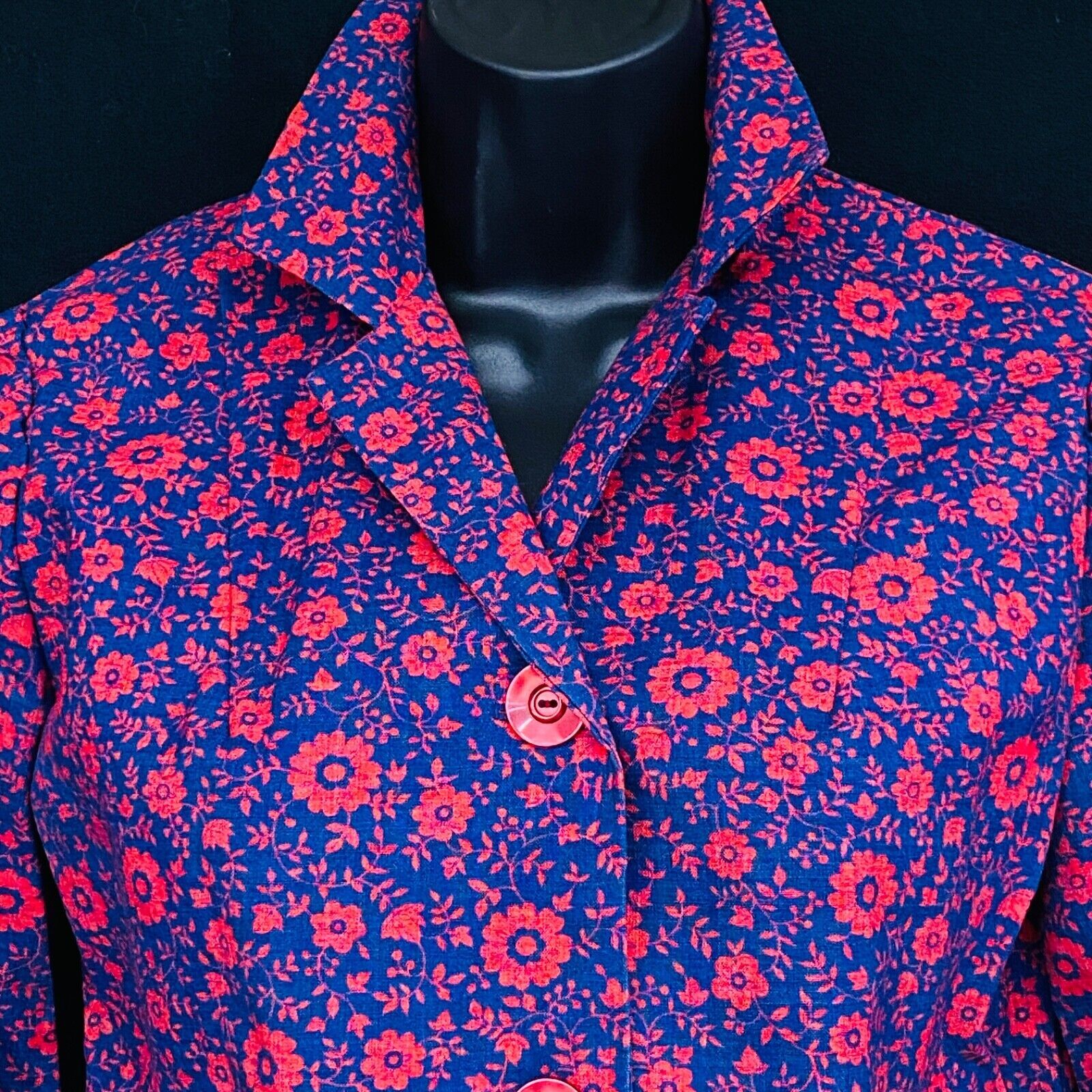 Vintage 1970s blue red floral jacket XS cotton linen purple long sleeve top