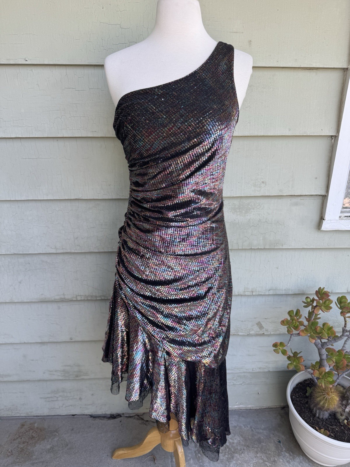 Vtg 70’s New Leaf Samir One Shoulder Shimmery Metallic Mermaid Disco Dress S