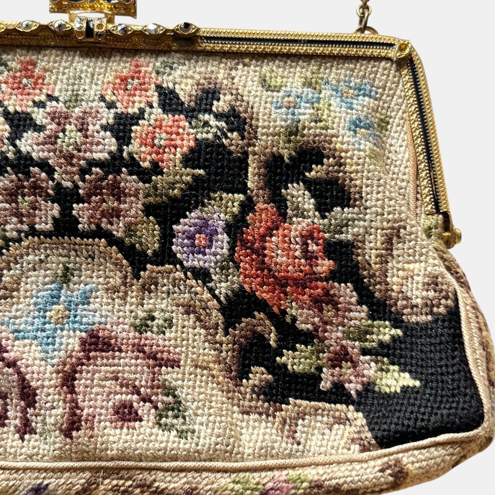 Vintage Needlepoint Floral Tapestry Evening Bag Handbag Purse Czechoslovakia