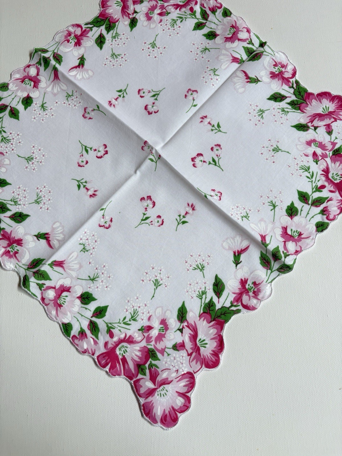 Beautiful New LuRay Pink Azalea Handkerchief Hankie With Scalloped Border