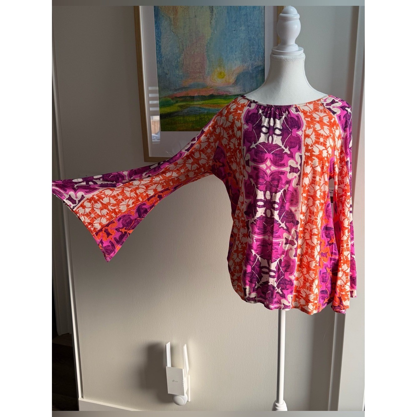 Chico’s Retro Medallion Print Blouse • Boho 100% Rayon Bell Sleeve Top 1 / M