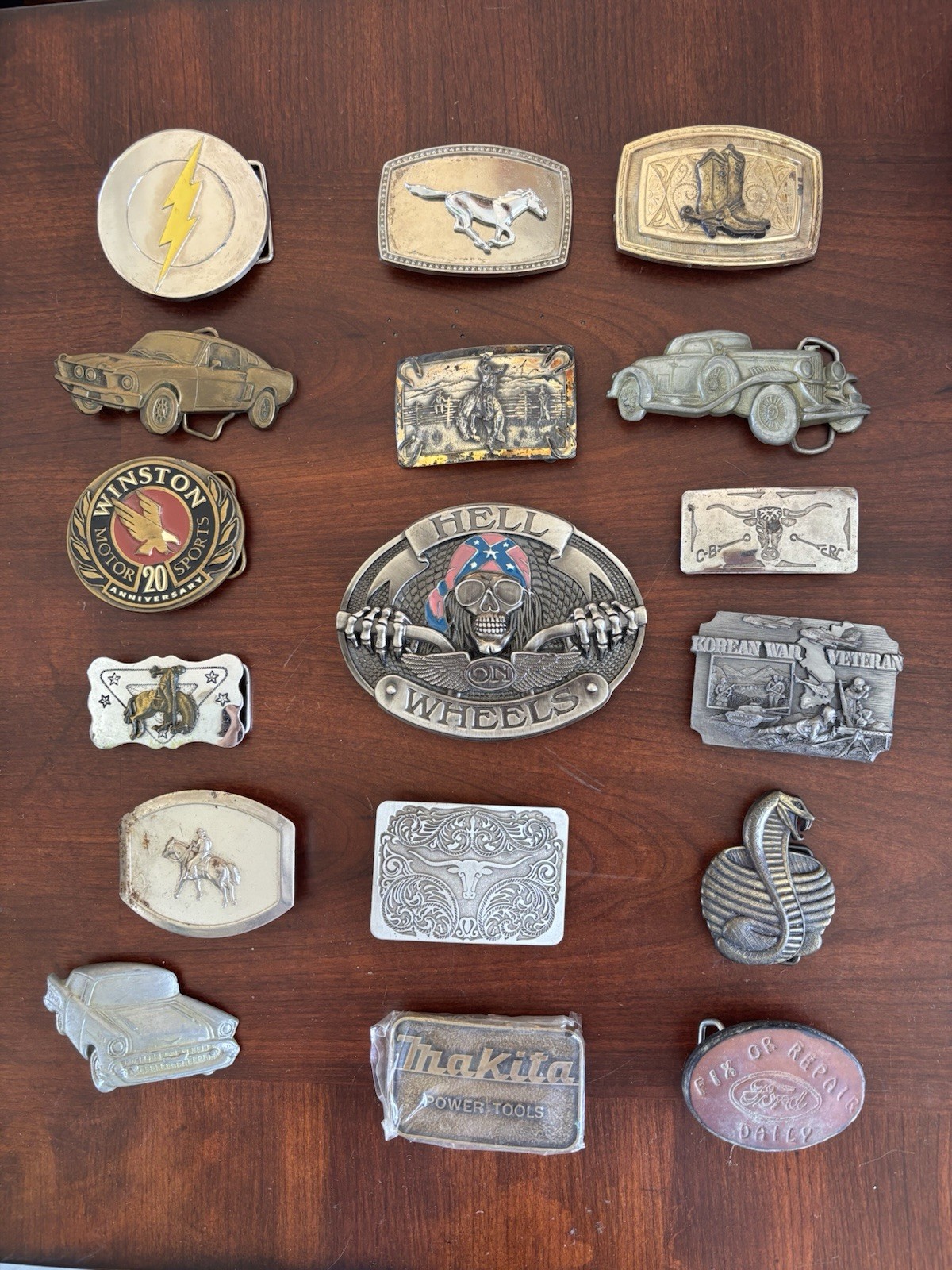Vintage Belt Buckle Lot of 17 Mixed Western Cars Military Motorcycle Ford