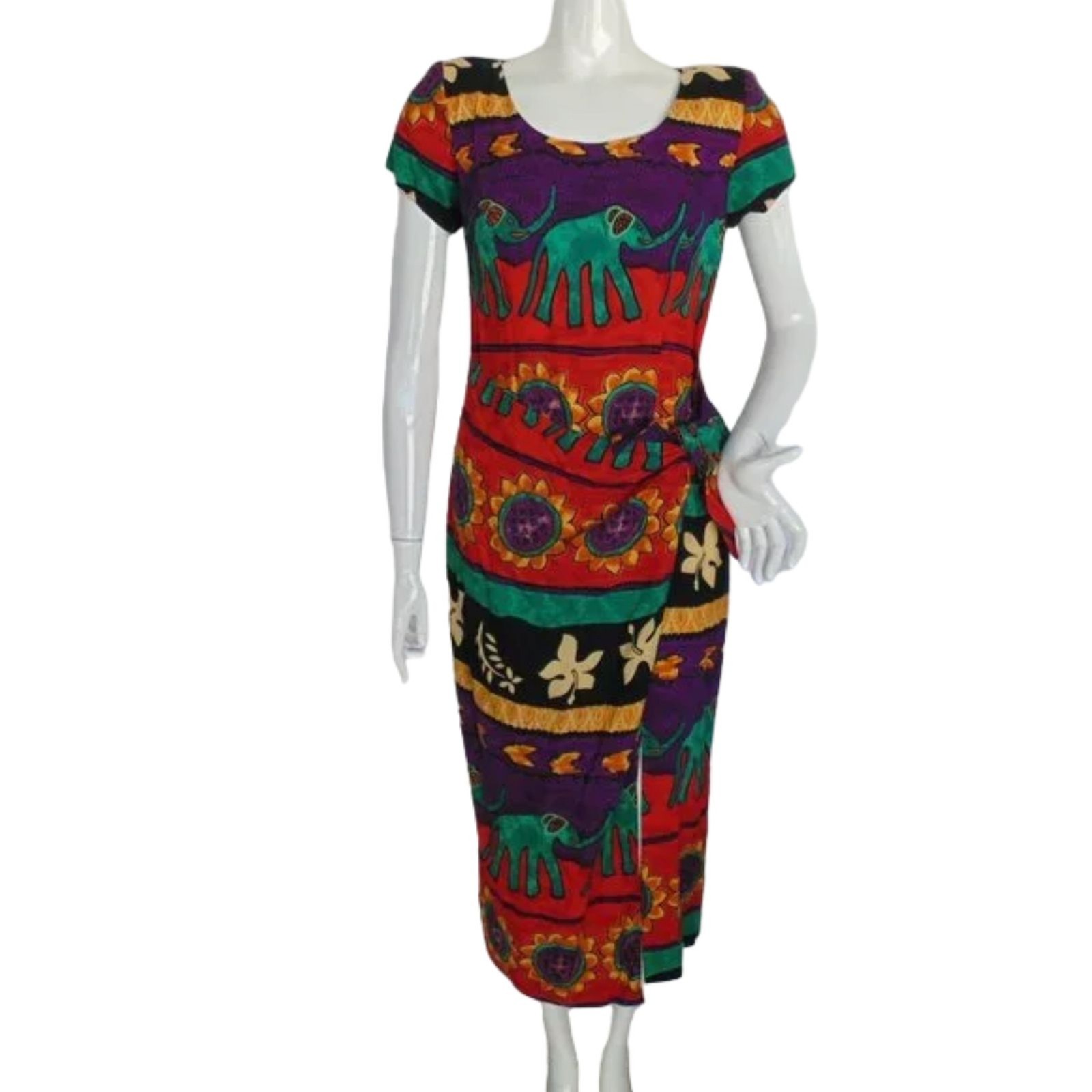 JESSICA HOWARD Dress, S, Bold Colors, Elephants, Maxi/Midi, Wrap skirt, VINTAGE