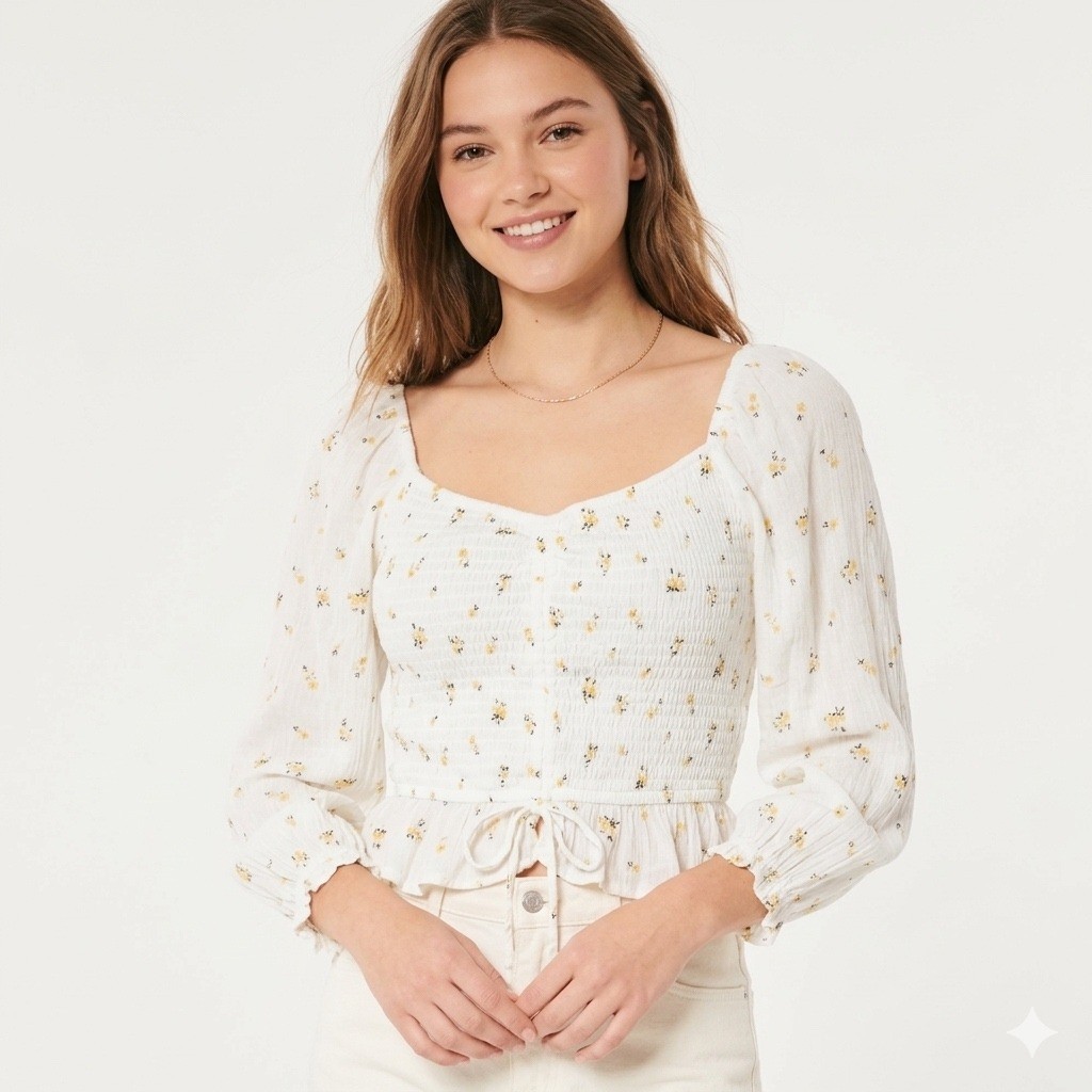 Hollister Smocked Milkmaid Top Yellow Floral Tie Front Puff Sleeve Boho Romantic