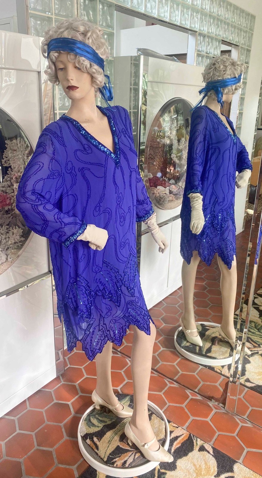 VTG Blue Silk Beaded Drop waist Layer Dress 1920s Flapper Inspired Size L-XL