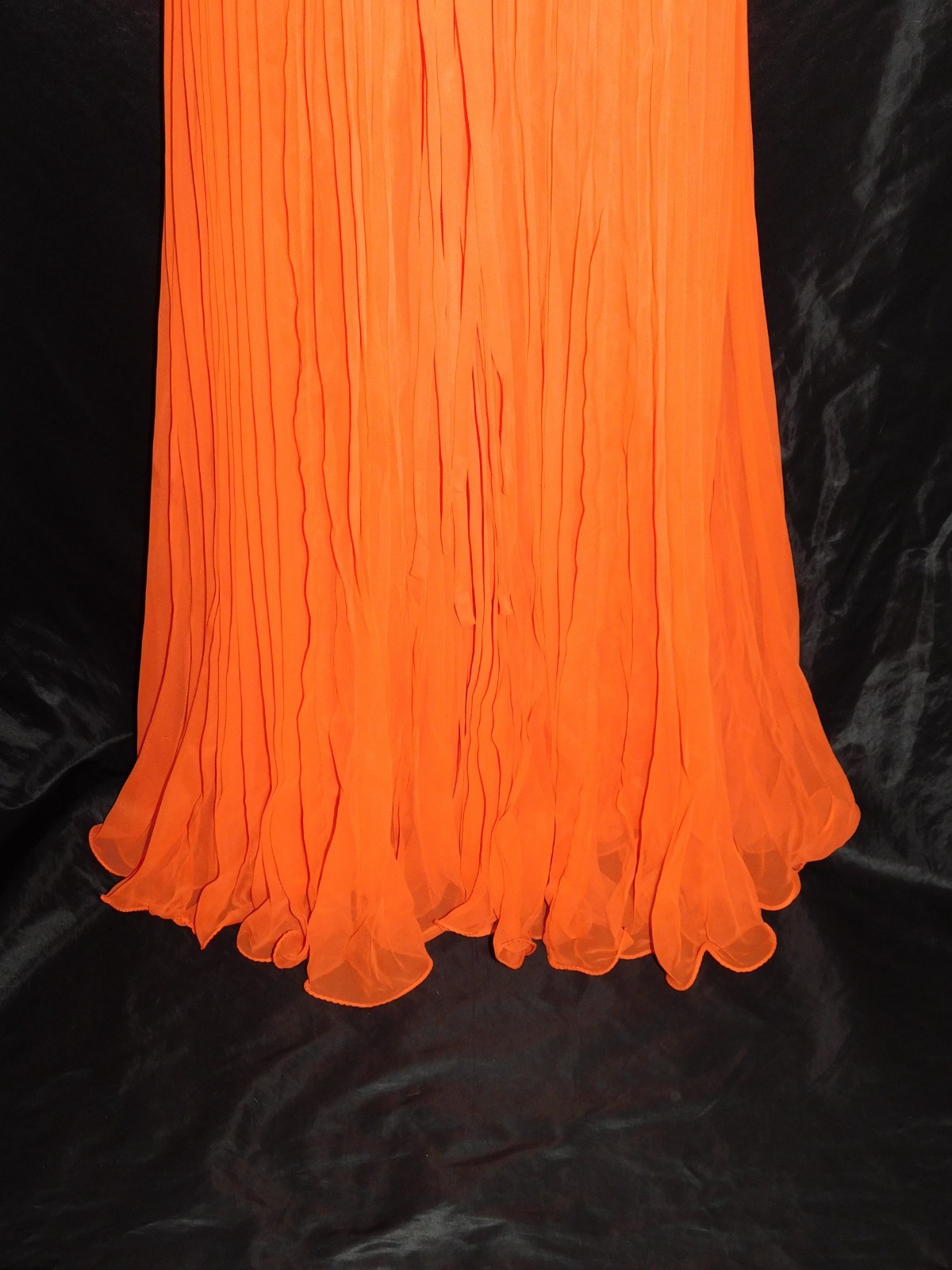 Vintage 60s Miss Elliette S Orange Pleated Maxi Dress Empire Rosette Sheer Sleev