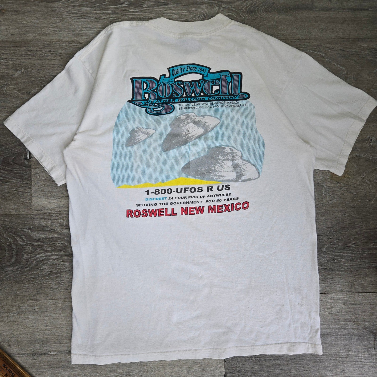 VTG UFO Area 51 T-Shirt Alien Mens XL Roswell Weather Balloon Company White Tee