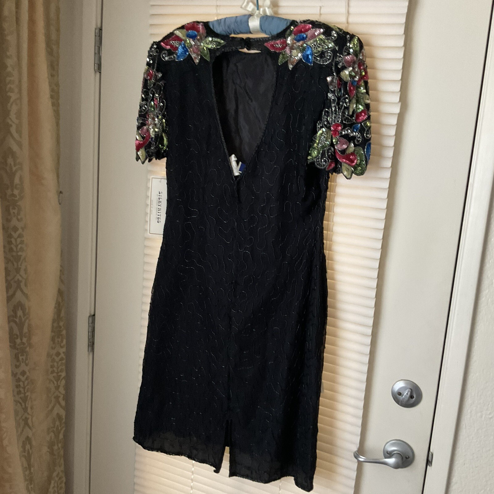 Silky Nites by Cherish Vintage 80s Black Dress Multicolour Sequined Beaded