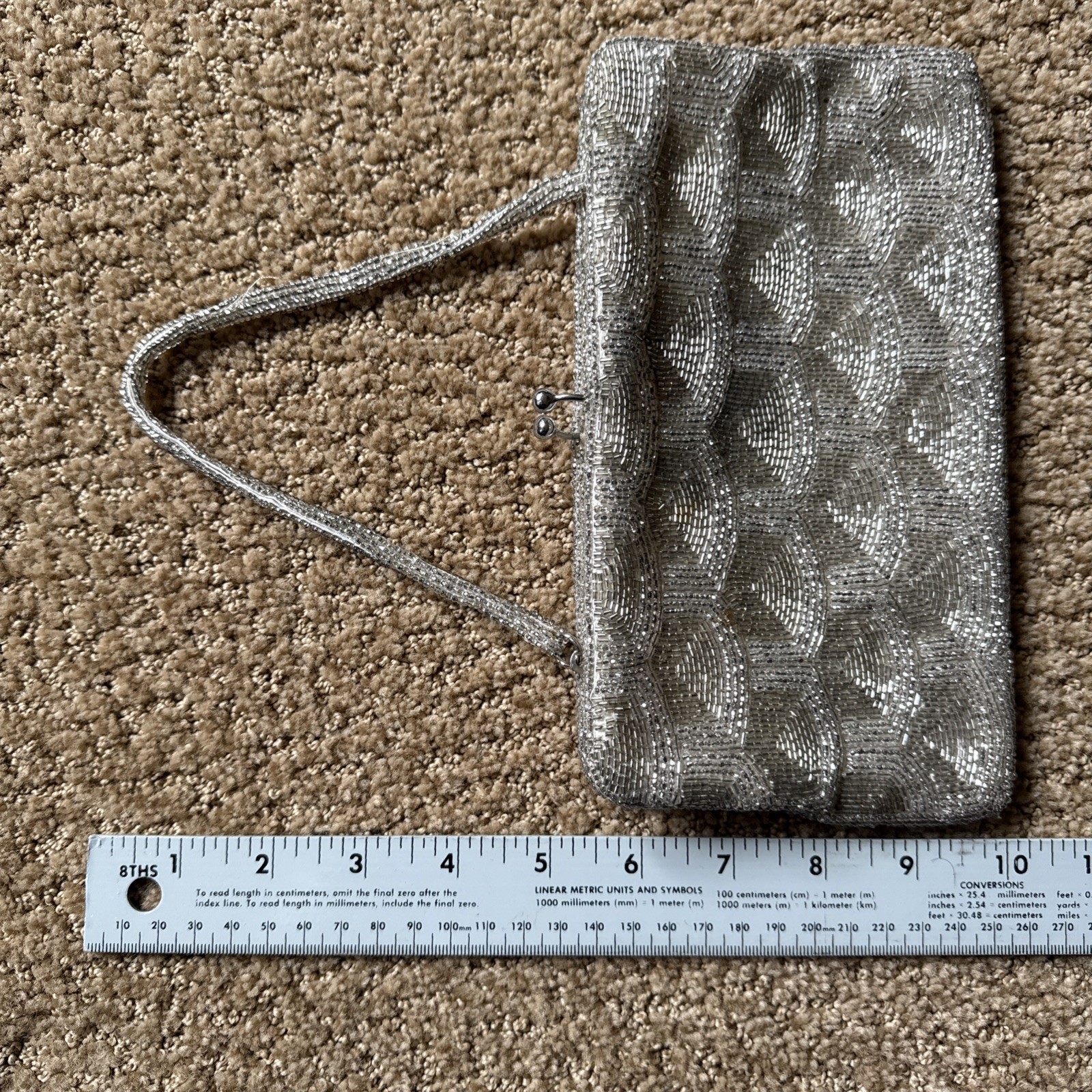Vintage Walborg Silver Beaded Satin Evening Bag Formal Special Occasion Handbag
