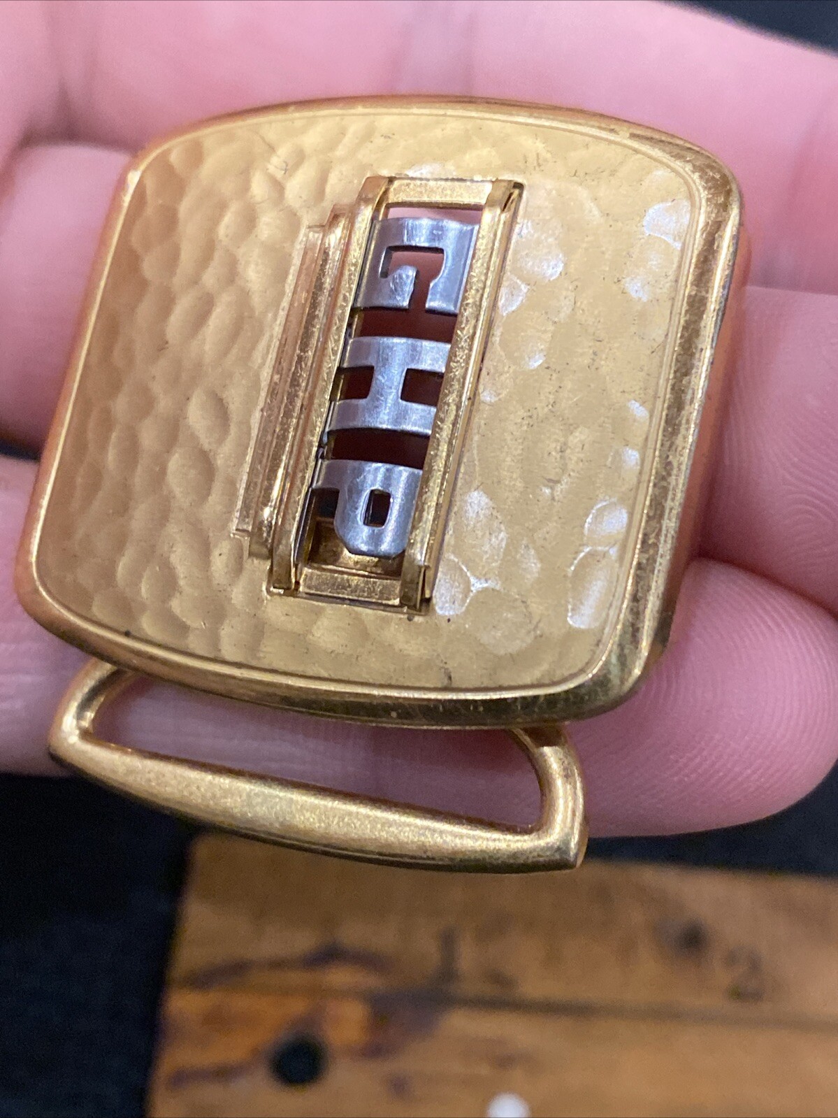 Vtg Art Deco Swank deluxe gold plate retro belt buckle Hammered Bronze GHP Mono