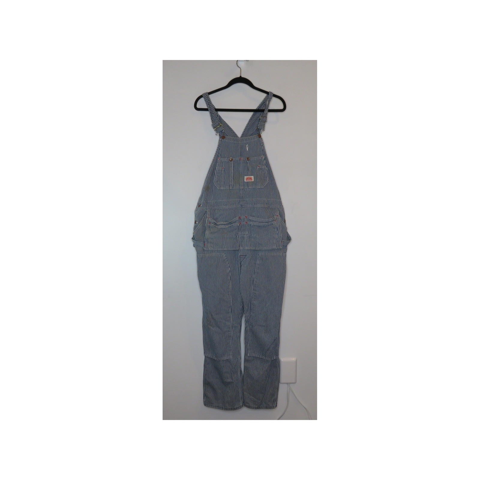 Vintage Round House Bib Overalls 38×32 Blue White Striped Straight Leg Outdoor