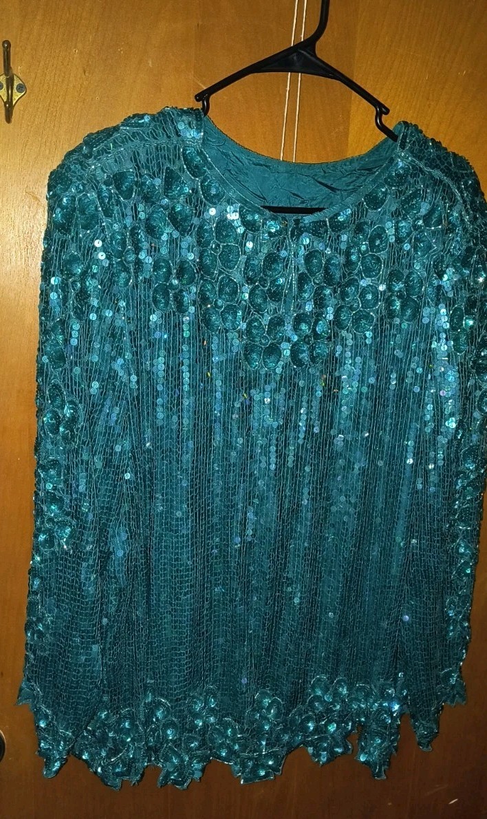 Vintage 80s Scala Sequined Evening Blouse-Mermaid Teal-