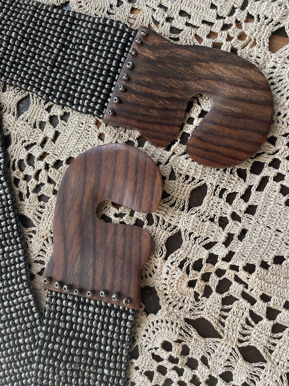 Vintage Boho Beaded Stretch Belt Silver Beads Wooden Hand Carved Buckle OS