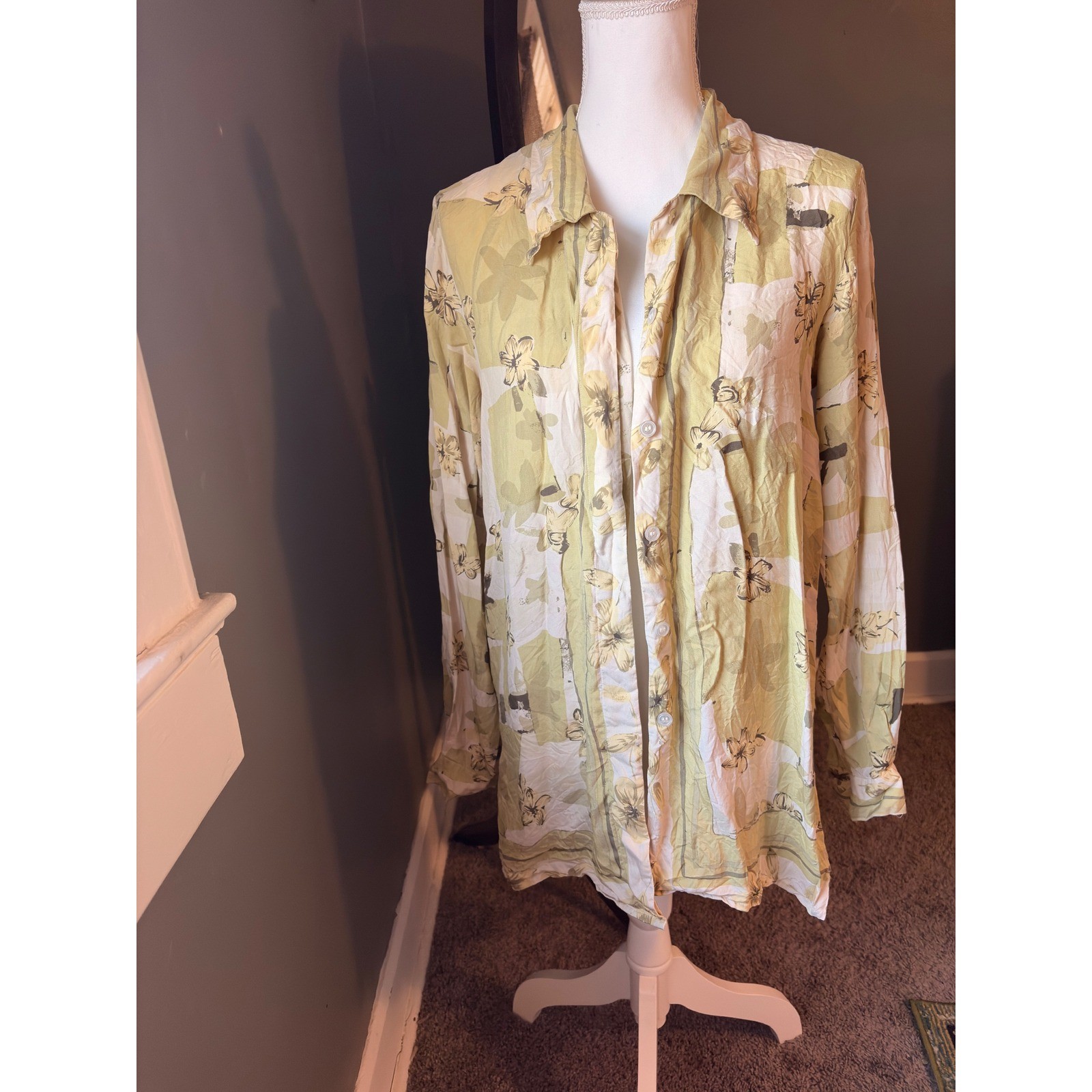Vintage Silk Collection 100% Silk Floral Button Down Green Yellow Tropical