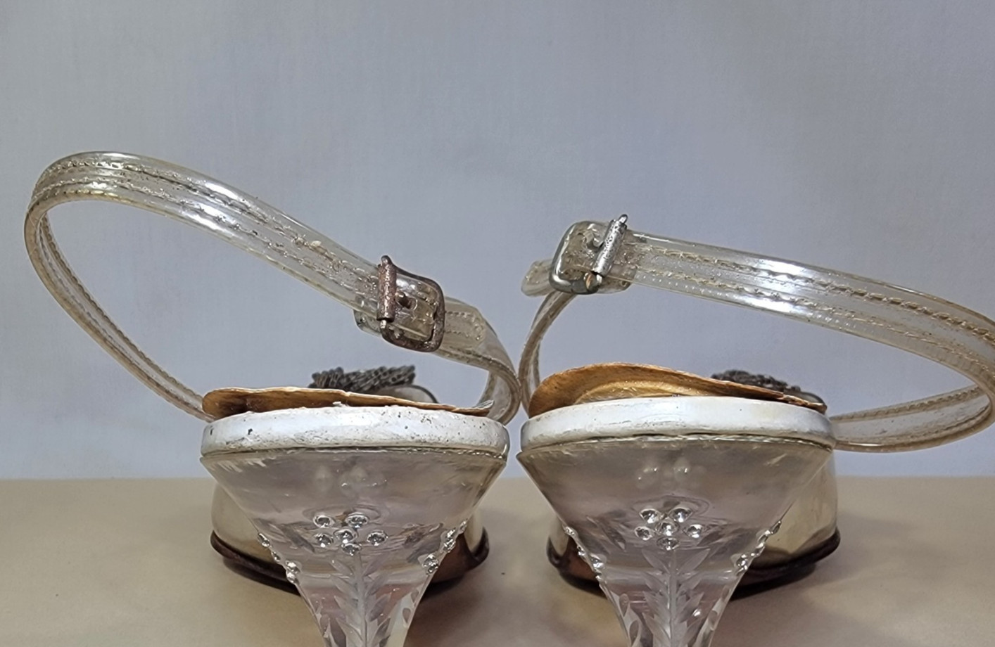 Vtg 1950s Carved Lucite & Rhinestone Heels on Clear Lloyd/Haig Shoes Sandals Sz6