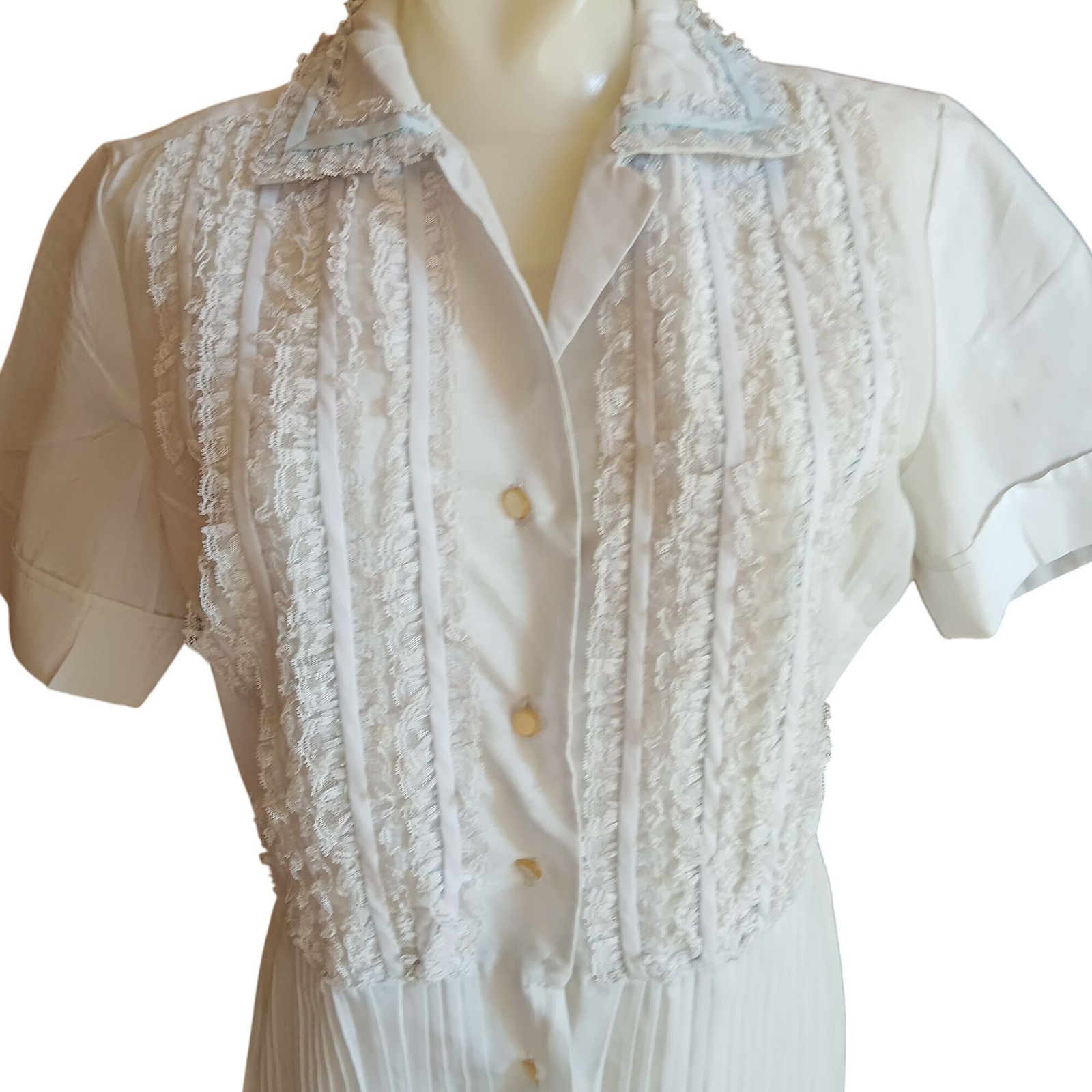 True Vintage Dress sz 14 Large Lace Ruffle Pale Blue Pleated Midi Wedding 1970’s