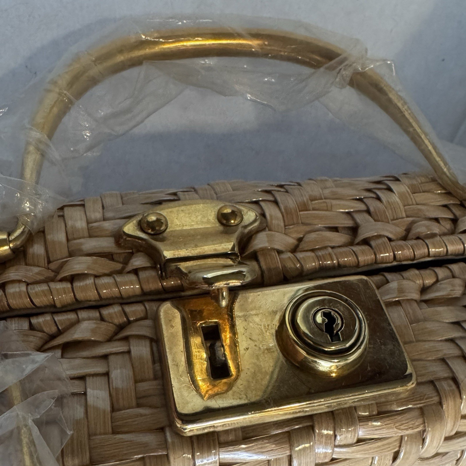 Vintage Marcus Brothers Wicker Box Purse Tan With Gold Tone Handles & Trim New