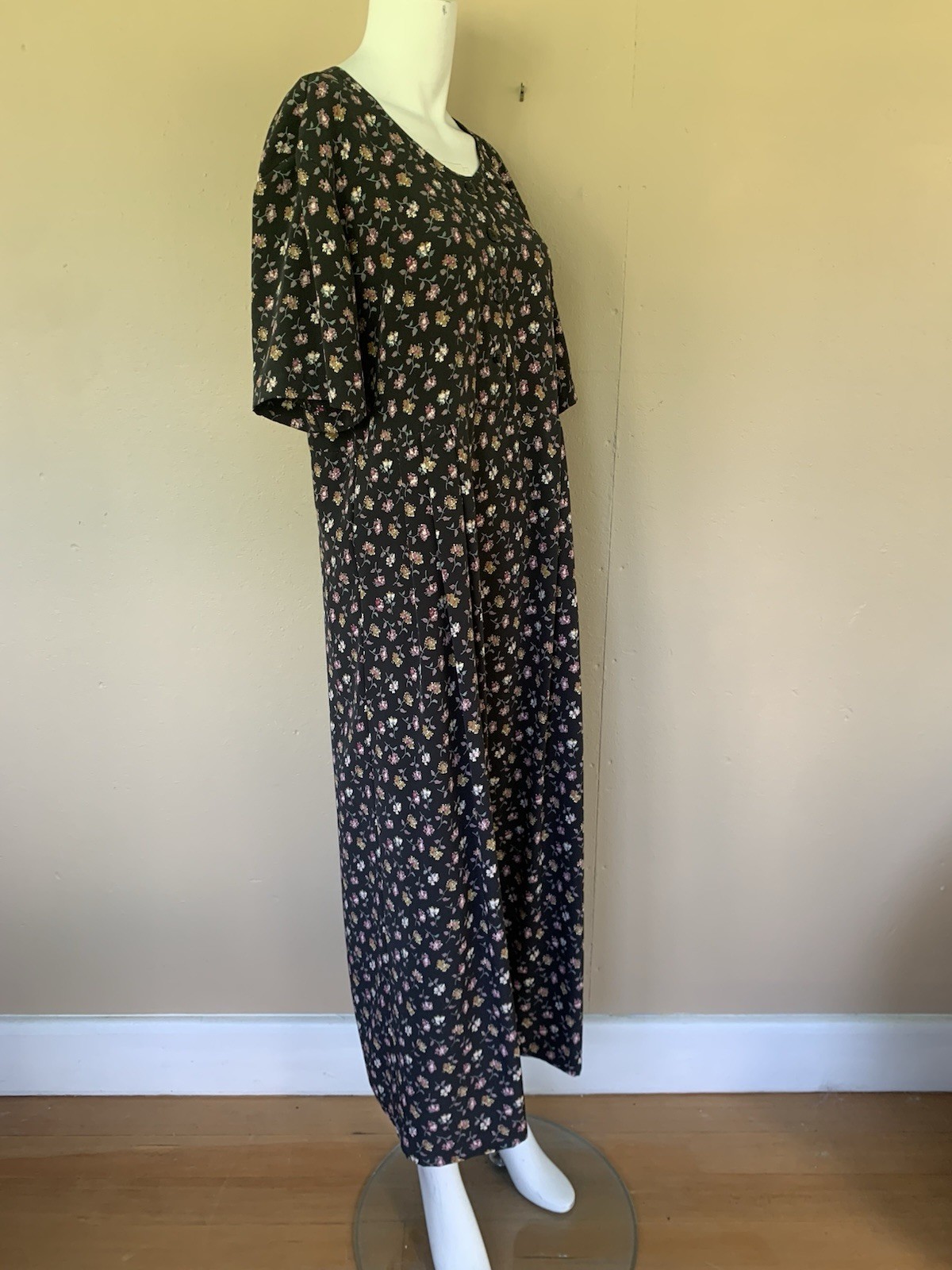 Vintage 90’s Black Floral Button Up MIDI Dress | Babydoll Maxi Dress w Waist Tie
