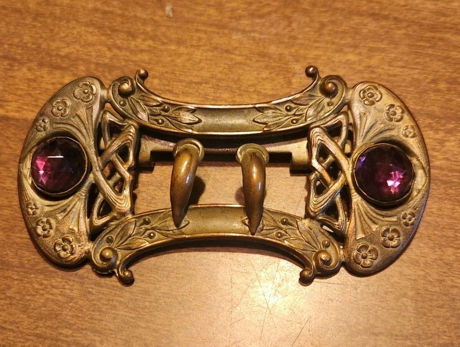 Antique Gold Tone Art Nouveau Belt Buckle w/ Purple Stones