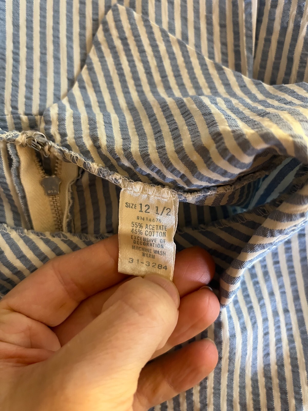 Vintage 70s Sears Size 12 1/2 Blue Stripe Seersucker Dress Sleeveless Drop Waist