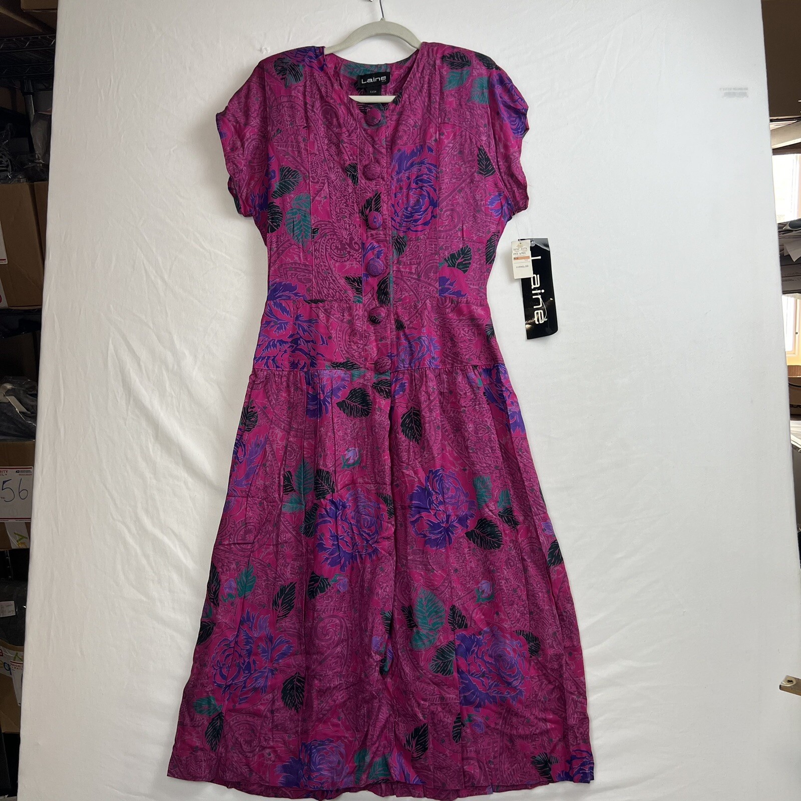 VTG Laine USA Dress Women Size 13/14 Floral Rayon Short Sleeve Max