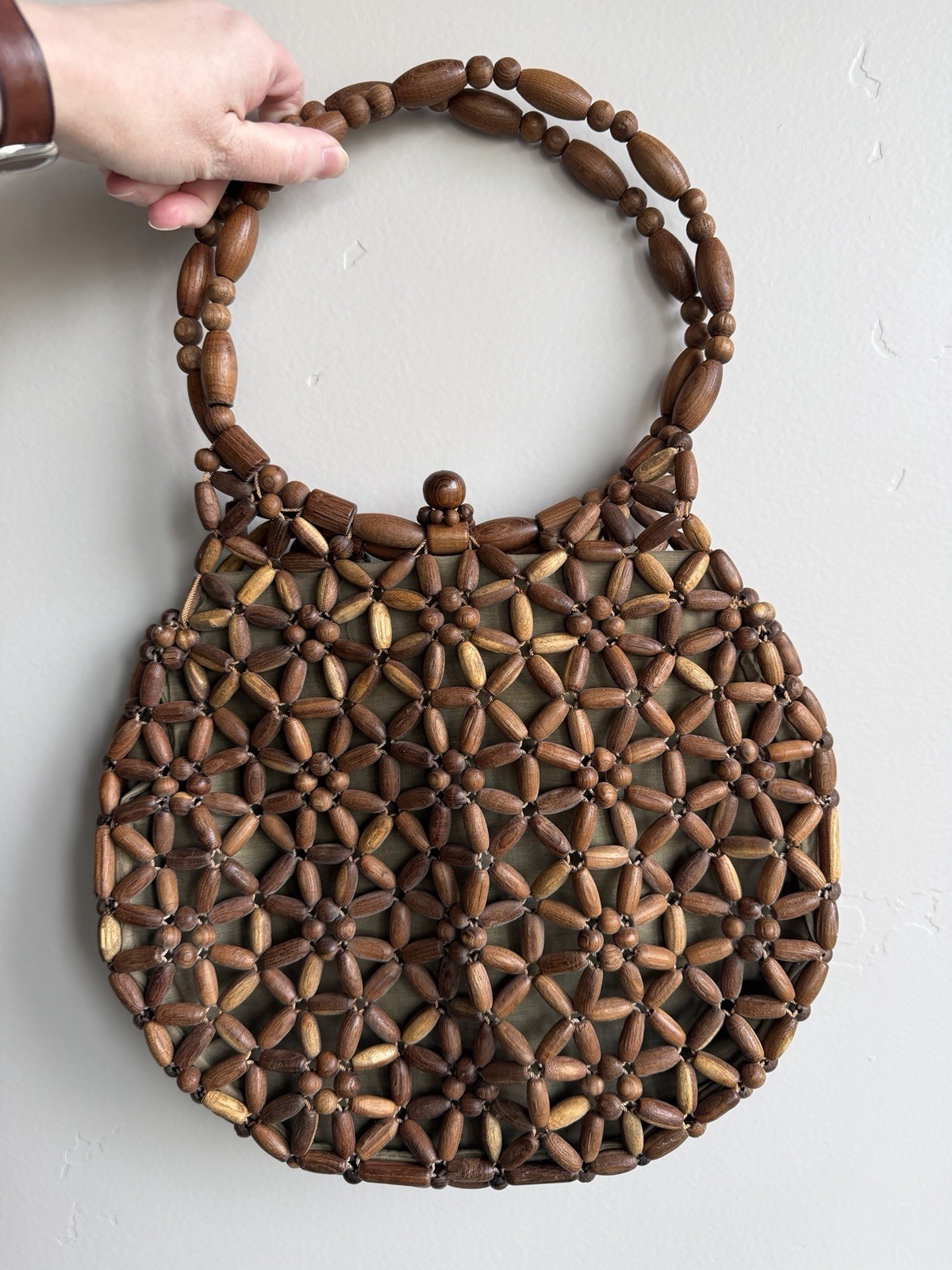 Vintage Wooden Bead Hobo Handbag Retro Boho Beaded Hand Crafted Purse Starburst