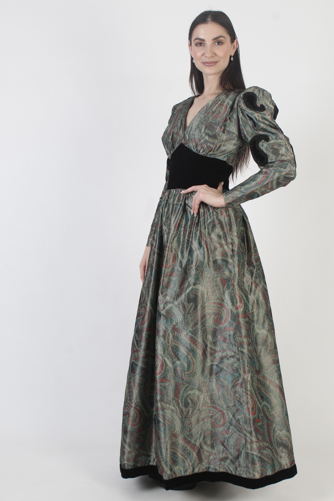 Vtg Givenchy Designer Evening Dress Nouvelle Boutique Black Velvet Paisley Gown