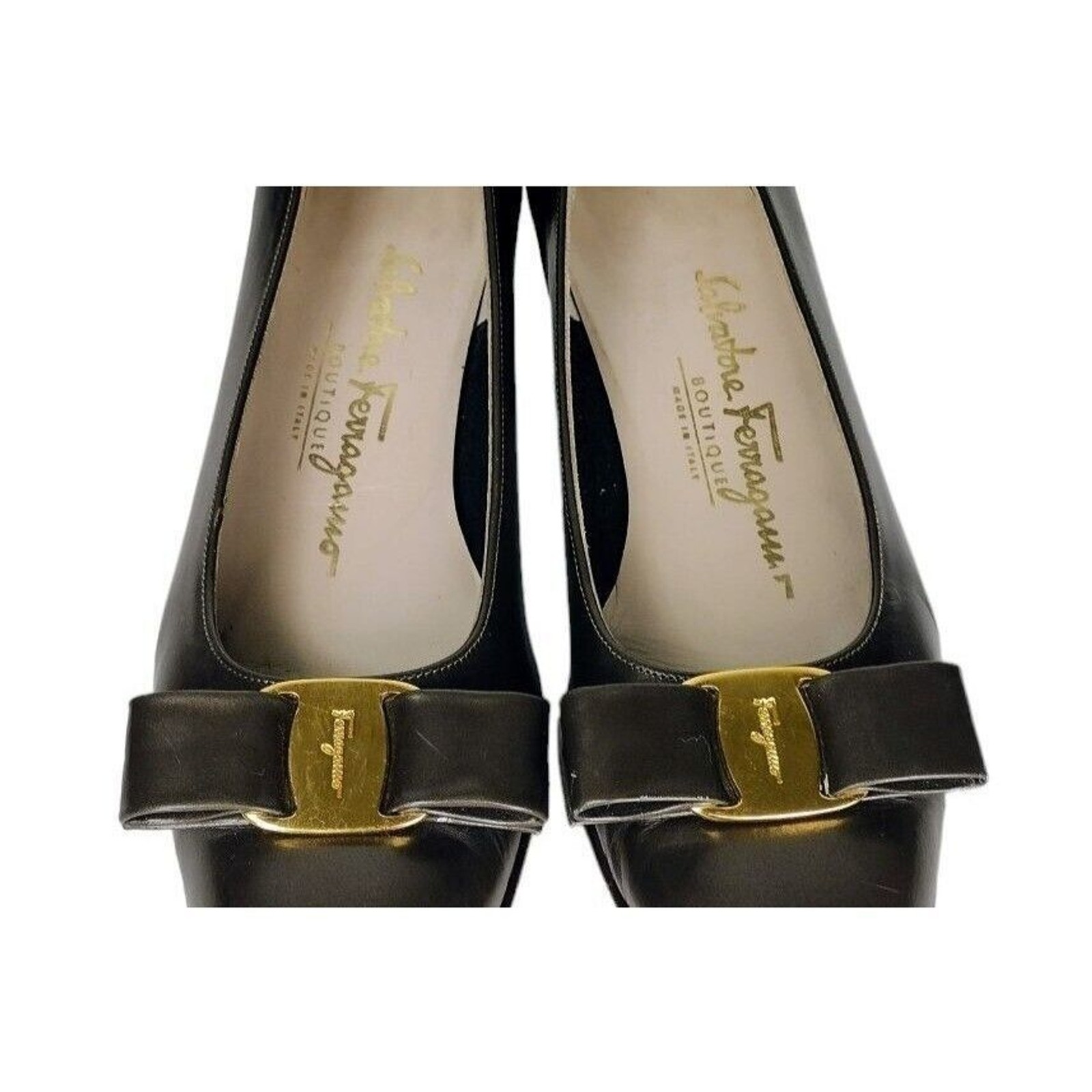 Salvatore Ferragamo Vintage 338 Lillaz Vara Pearled Bronze Leather Bow Pumps
