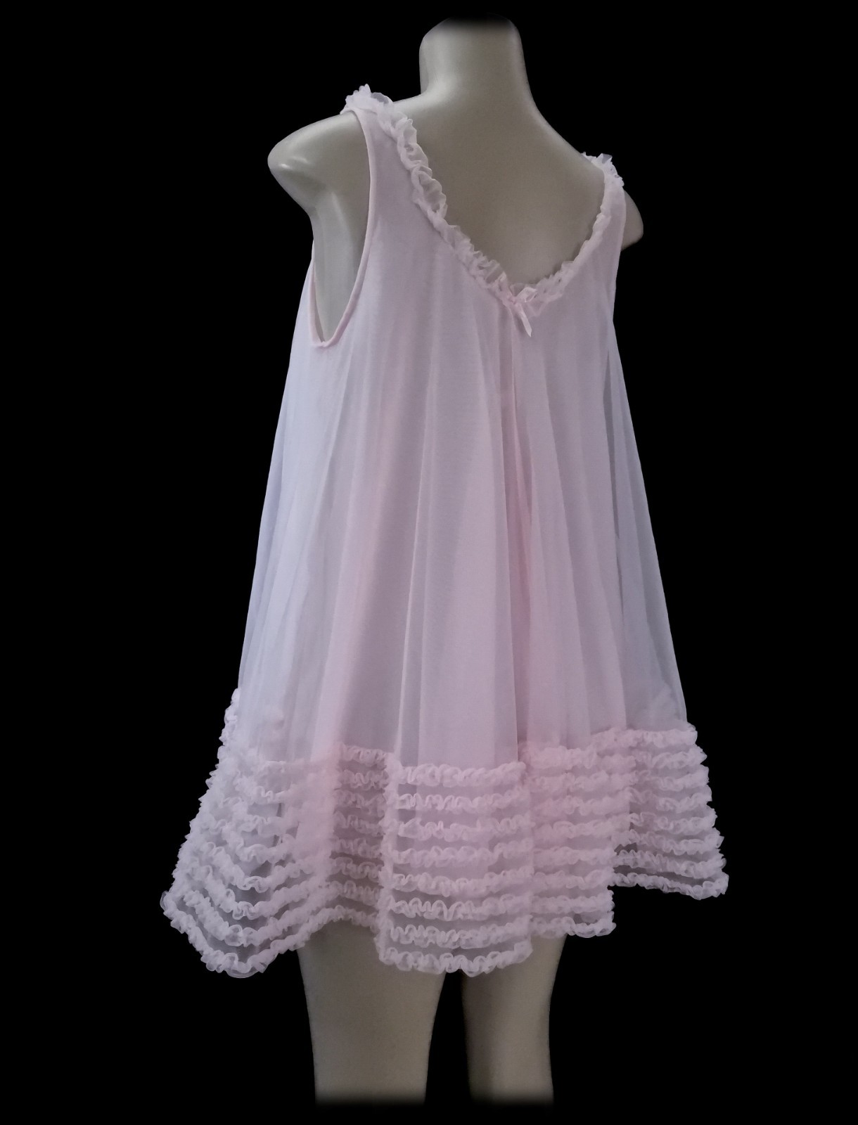 60s Vintage ENGLAND Sheer CHIFFON Pink NYLON Babydoll Dress POOFY Bows Lace M/L