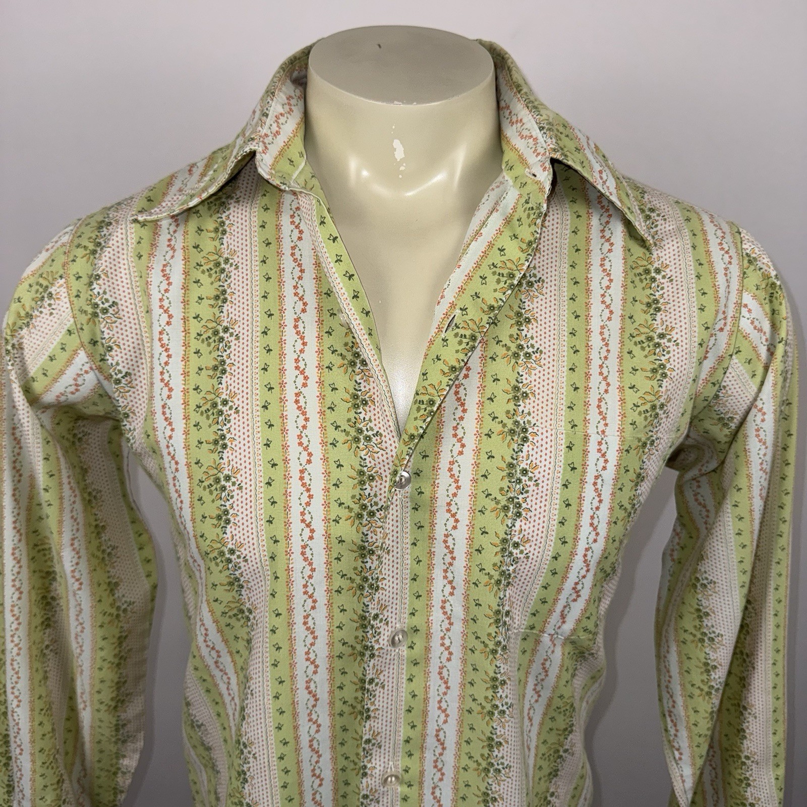 1960s Towncraft Penneys Shirt Vtg Hippie Disco MCM Mod Green Floral Mens Medium