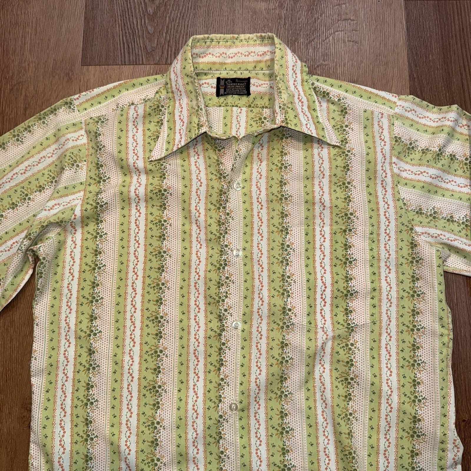 1960s Towncraft Penneys Shirt Vtg Hippie Disco MCM Mod Green Floral Mens Medium