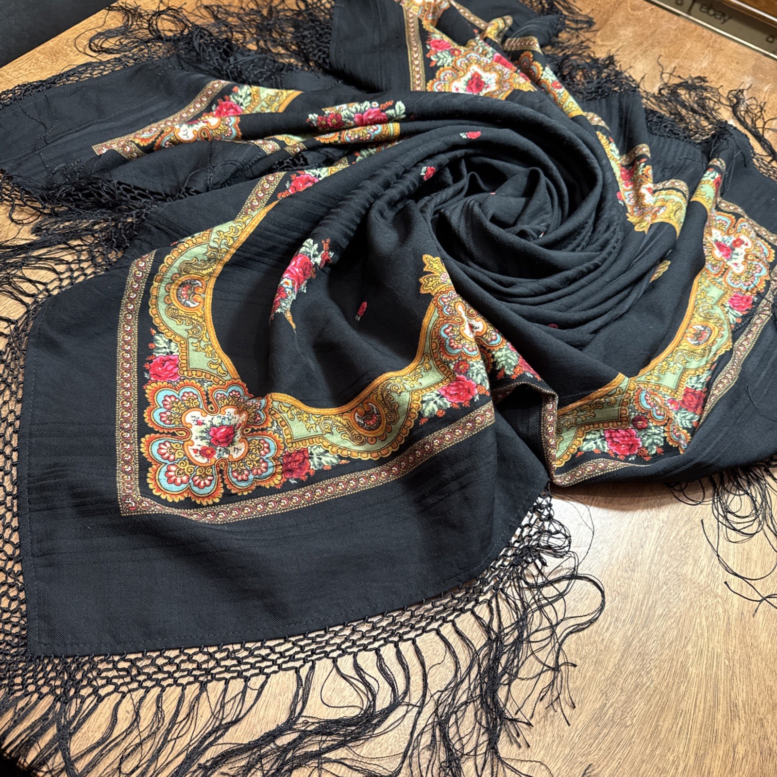 Floral Striped Boho PIANO Boho SHAWL Wrap Black Multicolor Large 71” with Fridge