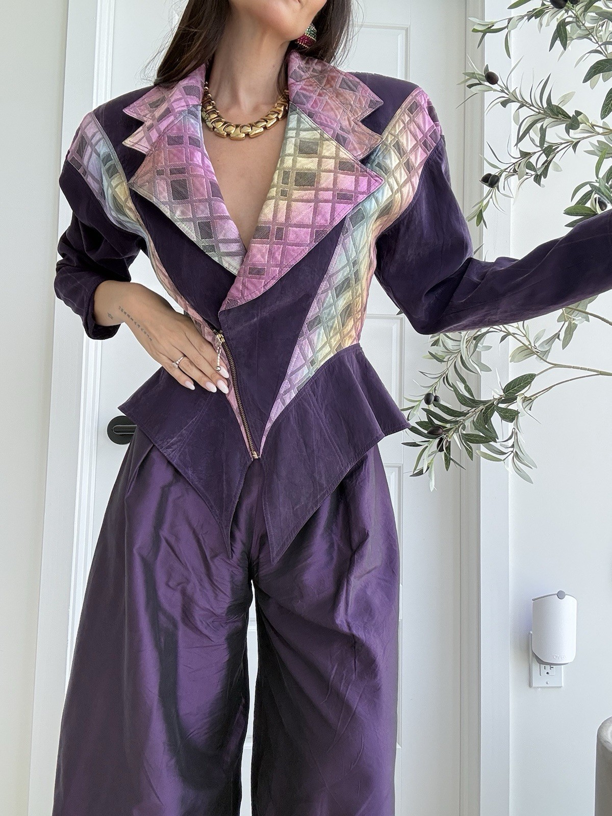 VTG Rare Cache Rainbow Purple Peplum Mugler-esque Corset Style 80s Blazer Set