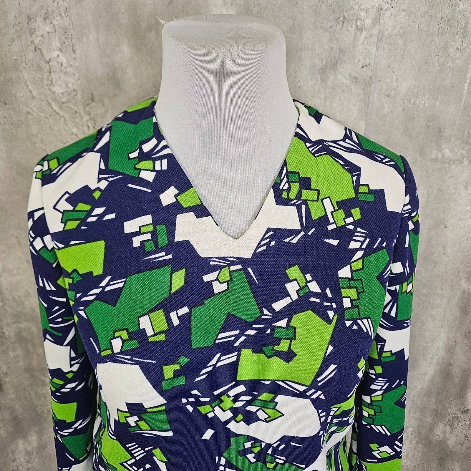 Vintage 60s Mod Geometric Top Green Blue Double Knit Talon Zip Handmade