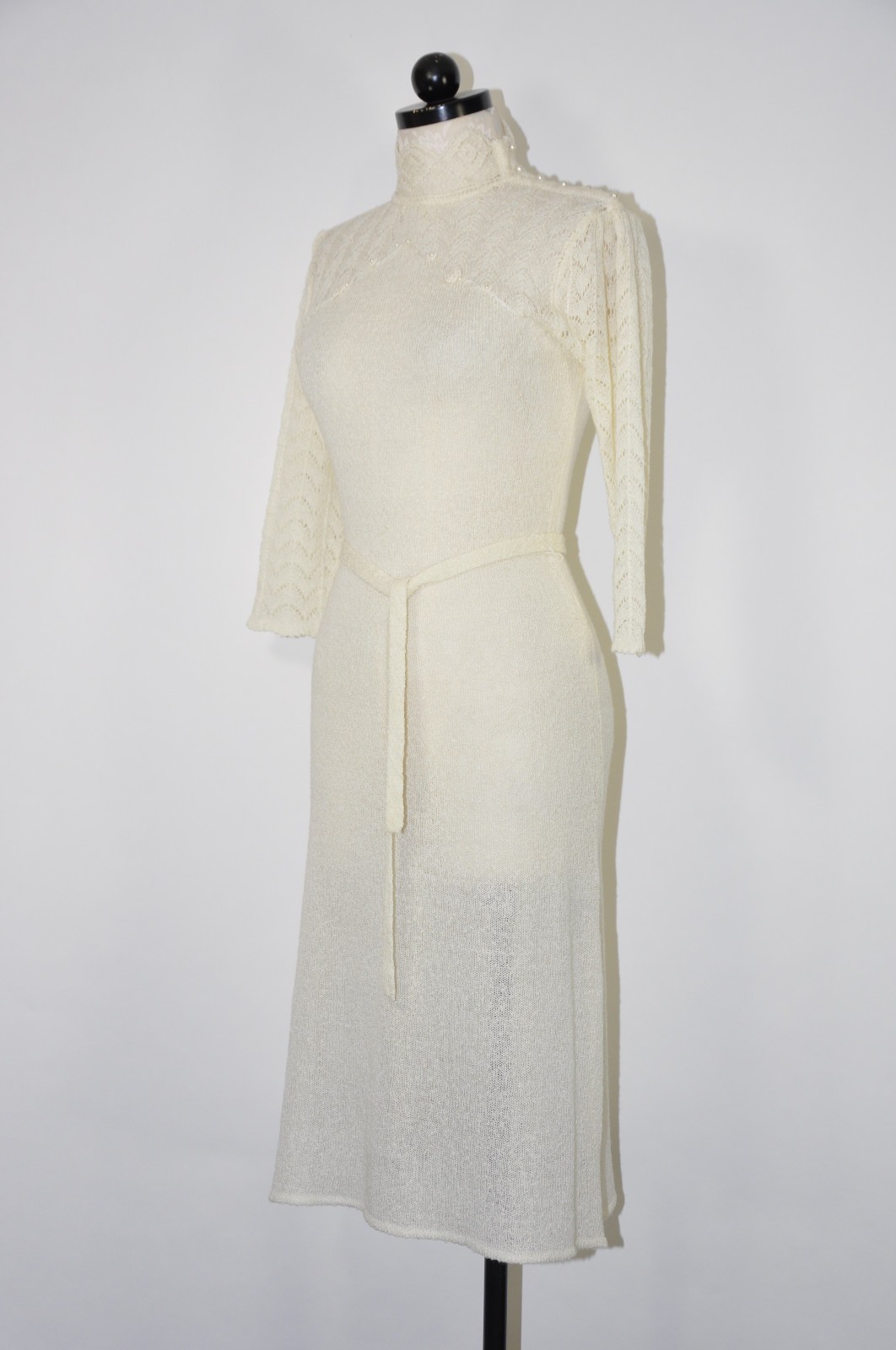 70s Vintage Cream Off White Pointelle Knit High Neck Pearl Sweater Dress Women M