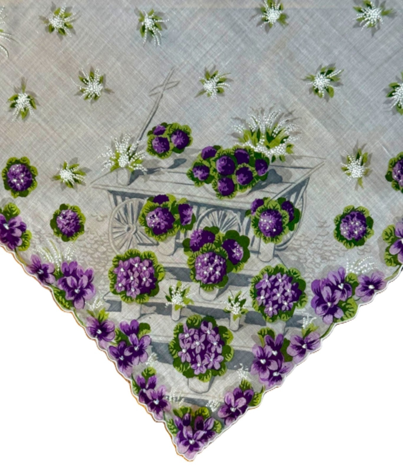Unused Vtg. Linen Hanky Scalloped FLOWER CART PURPLE POSIES LILY OF THE VALLEY