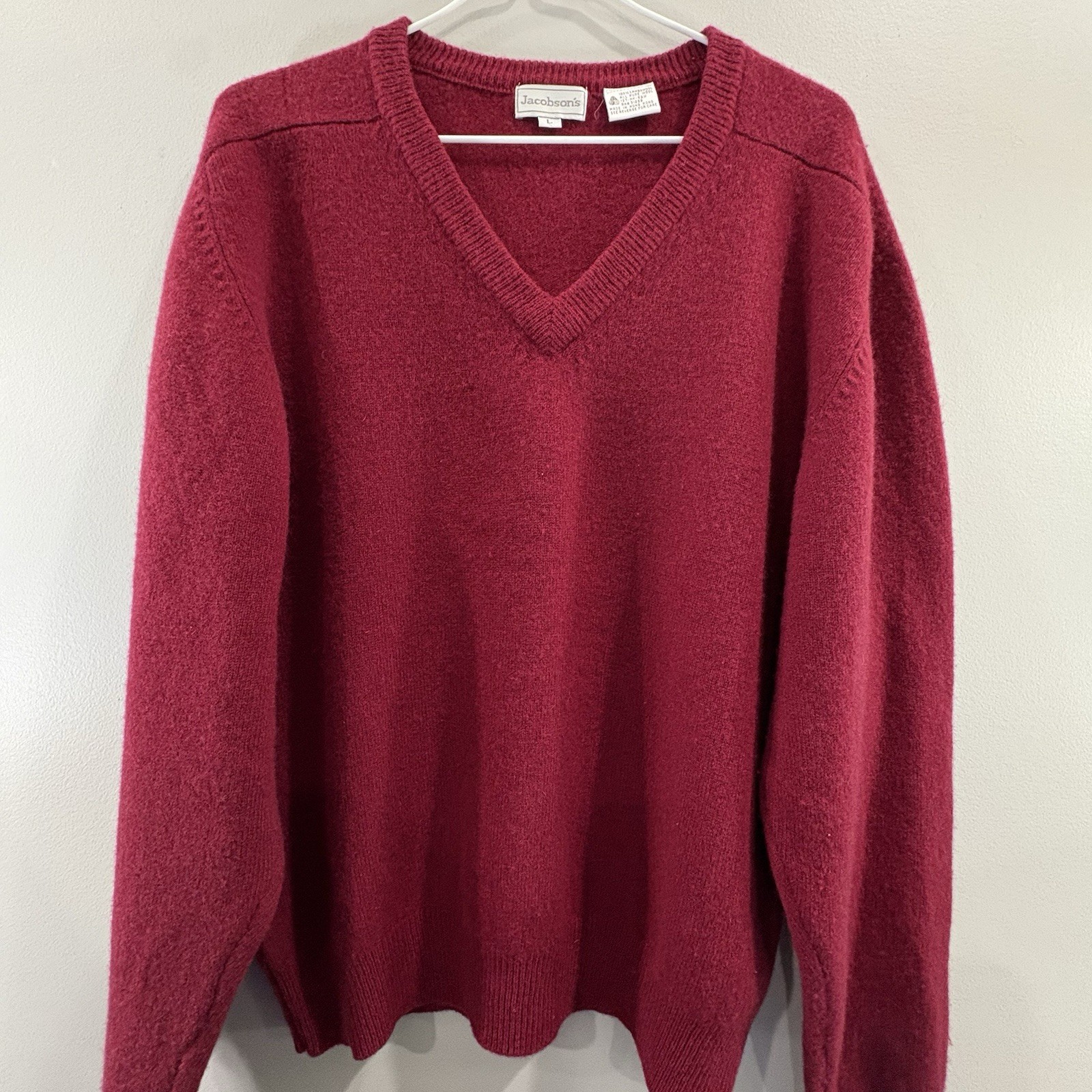 Vintage Jacobson’s 100% Lambswool L Sweater Knit Pullover V-Neck Dark Red Preppy