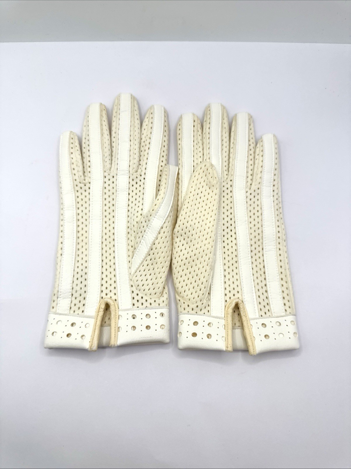Vintage 60s Driving Gloves Crochet Knit Perforated Leather West Germany 6 1/2