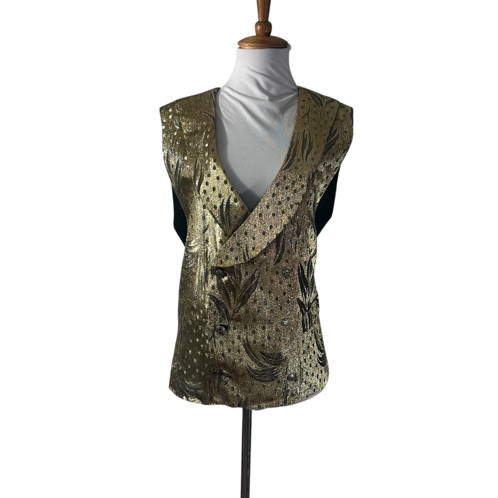 Vintage 80s Gold Metallic Lamé Brocade Custom Made Cocktail Vest L XL