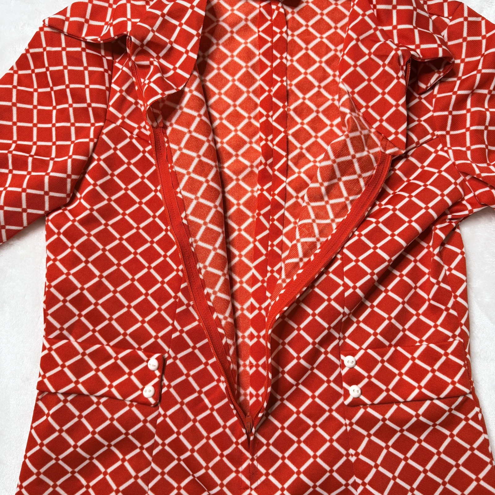 Rare Vintage Red Geometric Long-Sleeve Dress 70s Retro Mod