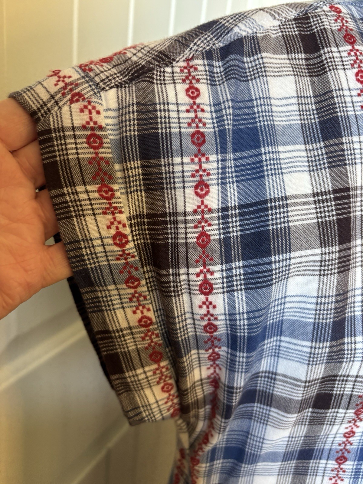 VTG Handmade Plaid Cross Stitch Embroidered Shift Dress House Dress Size MED